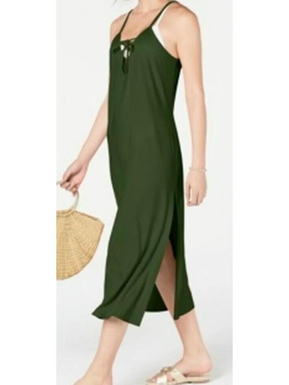 650 Miken FOUR LEAF soft stretch knit Lace-up Swim Cover-up Dress GREEN sz S $34
